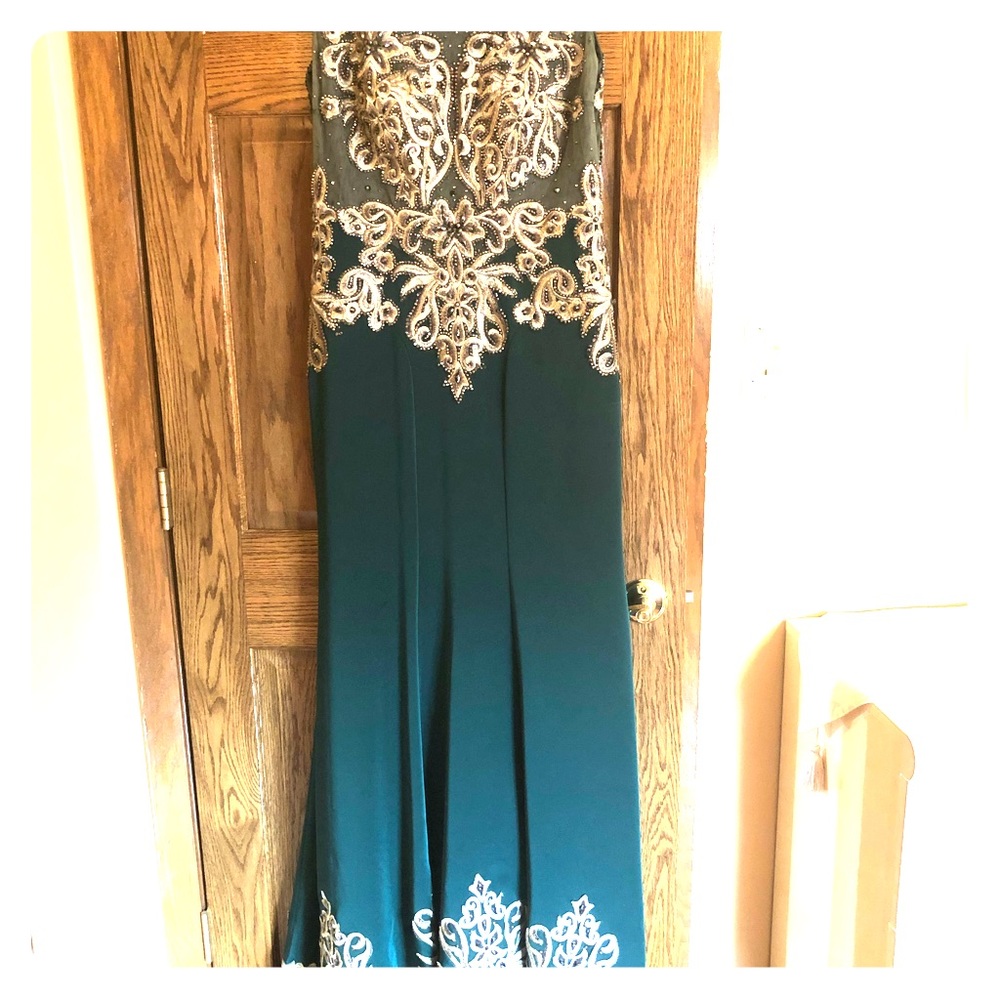 This is a green/gold formal evening gown.